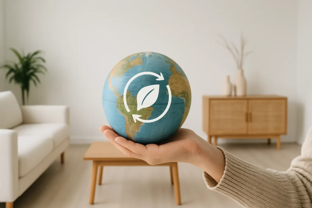 Hand holding a globe with eco-friendly icons, symbolizing sustainability, minimalism, and frugal living through the sharing economy.