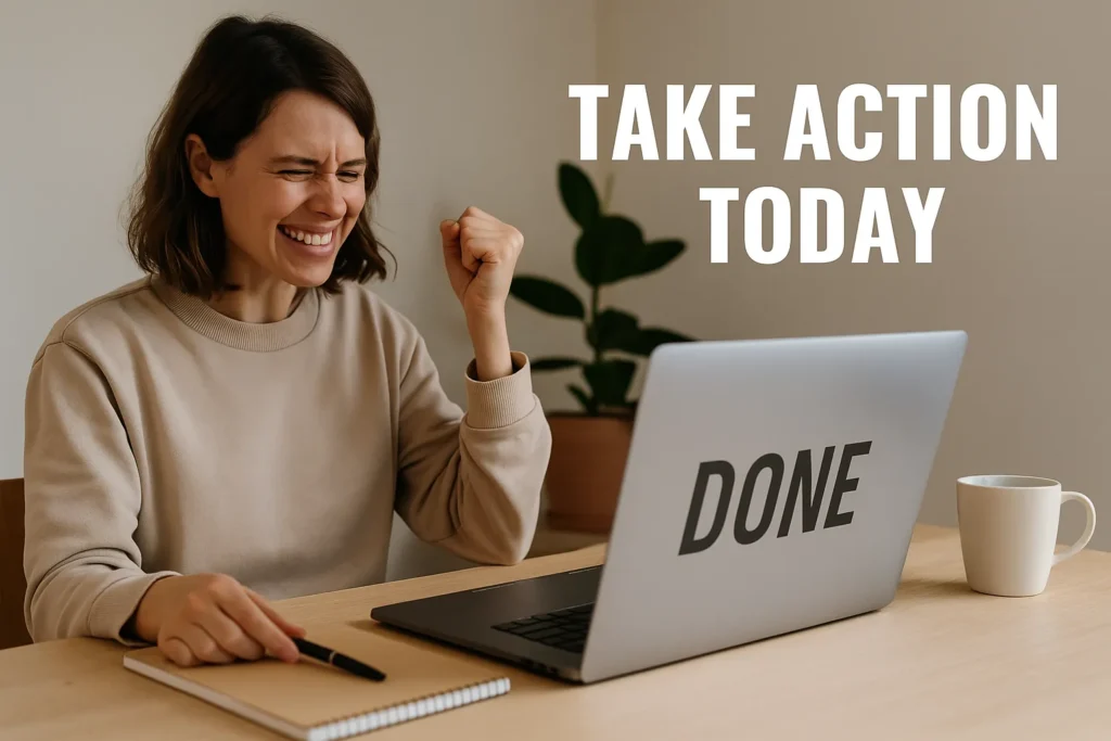 Motivated woman celebrating in front of laptop with text take action today showing overcoming procrastination and productivity success.