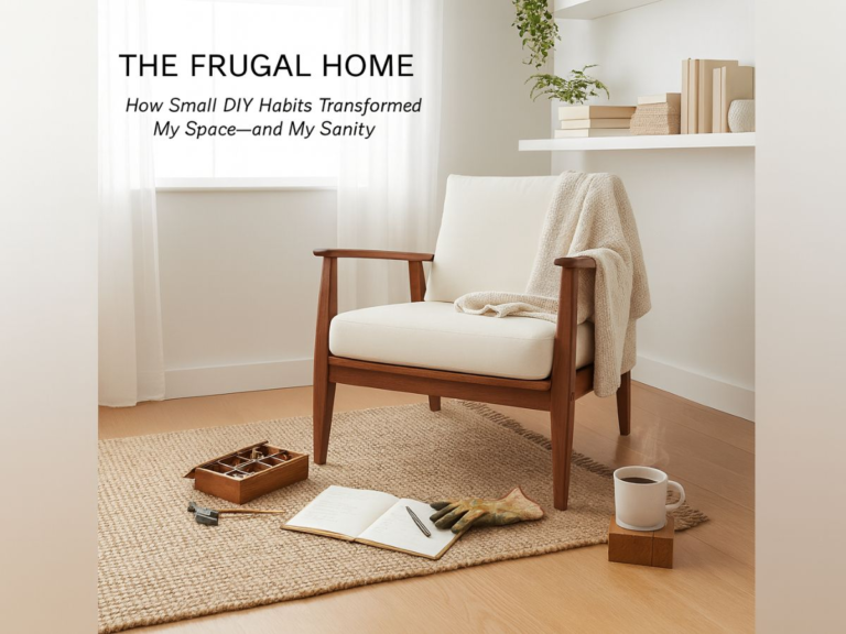 cozy frugal home interior with warm lighting and natural wood tones, representing simple living and diy home fixes that save time and money