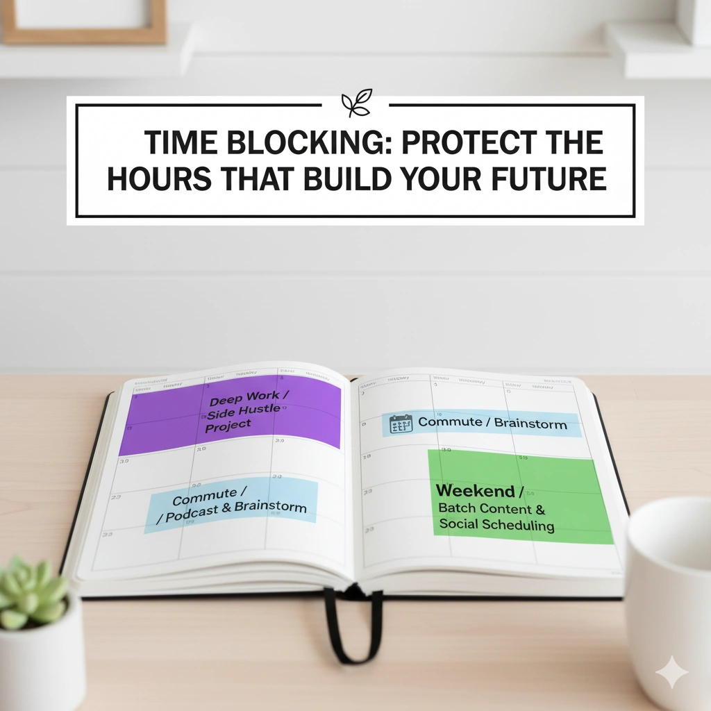 time blocking planner for productivity and work-life balance, color-coded calendar for side hustlers managing time efficiently