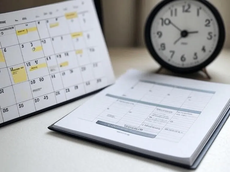Calendar and clock with highlighted schedule blocks showing time blocking and task batching productivity tips.