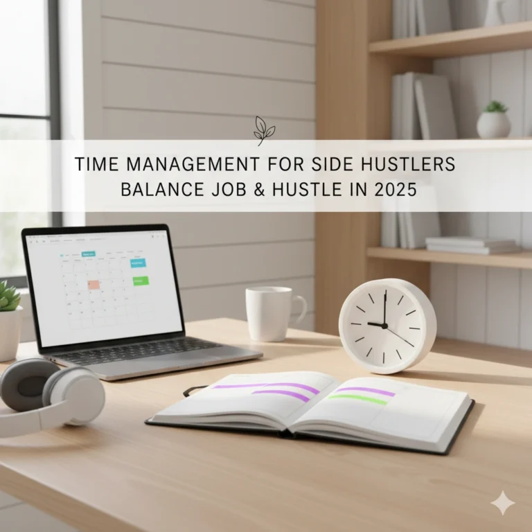 time management tips for side hustlers 2025, organized workspace with laptop, clock, and planner showing productivity and work-life balance