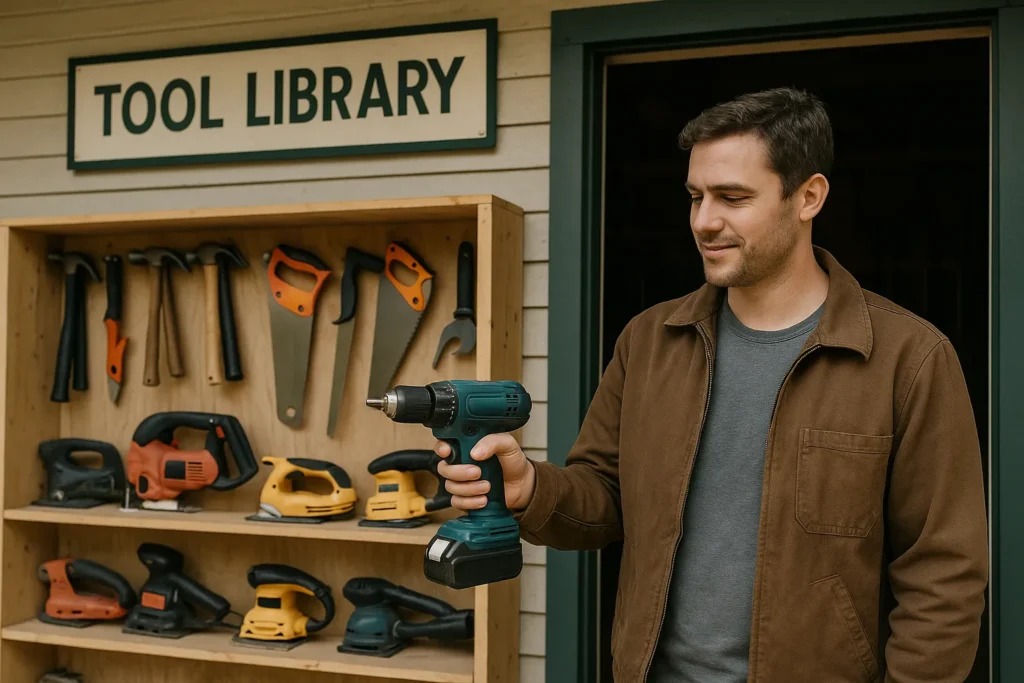 Man borrowing a drill in front of a community tool library, highlighting borrowing tools instead of buying.