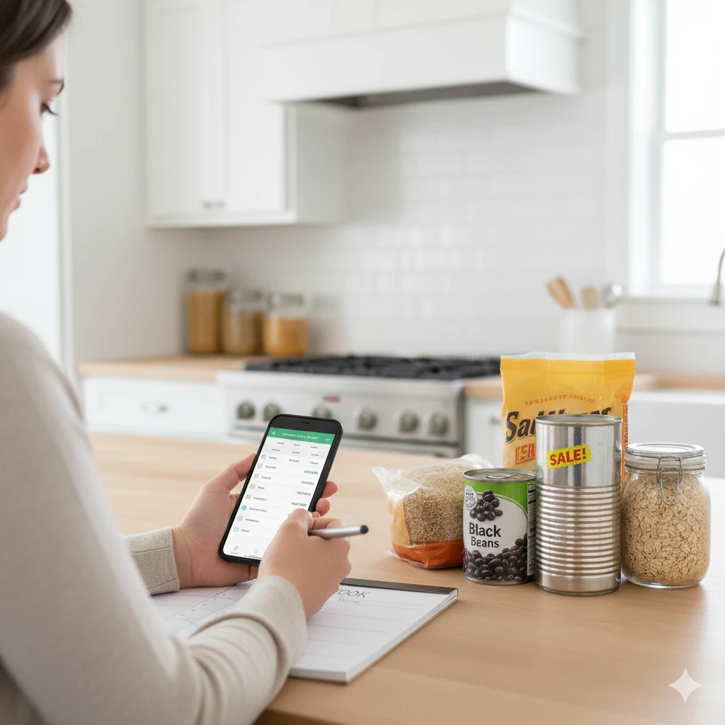 Tracking sales and coupons on a phone as smart grocery shopping hacks that help families save money on groceries and shop on a budget.