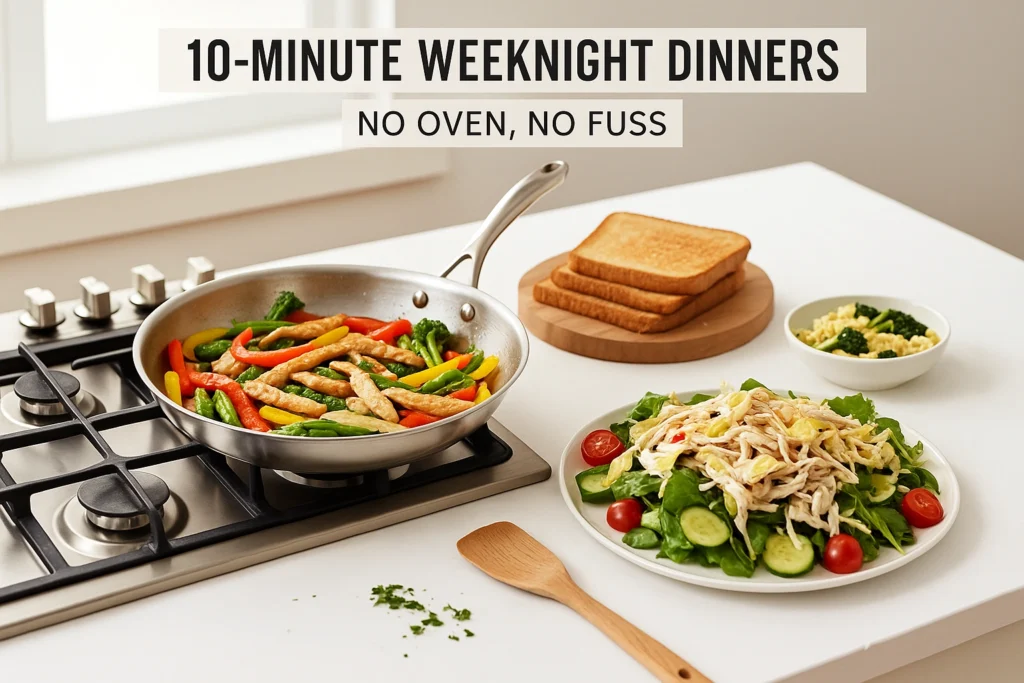 Quick healthy meals for busy professionals featuring a 10-minute weeknight dinner stir-fry and salad — a key part of a smart workweek meal plan.