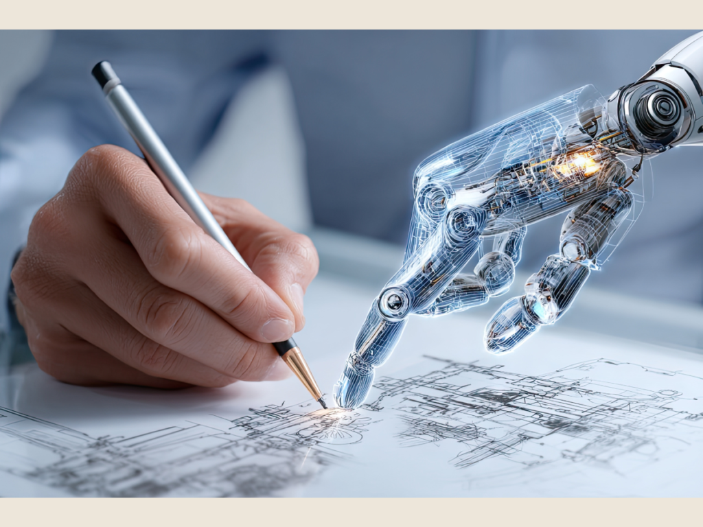 human and robot hand drawing together showing balance between automation and creativity