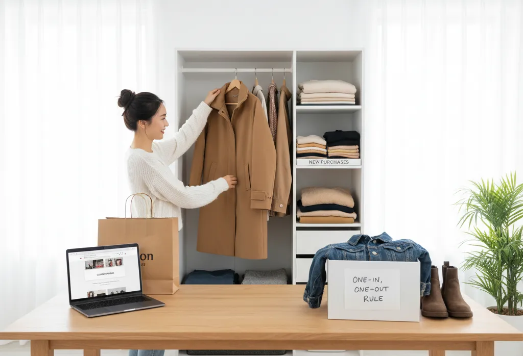 Shopper putting new clothing into bag while decluttering wardrobe