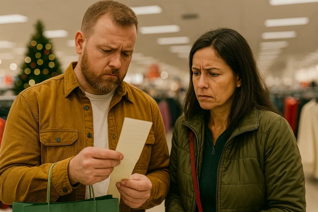 Couple reviewing receipts after Black Friday shopping