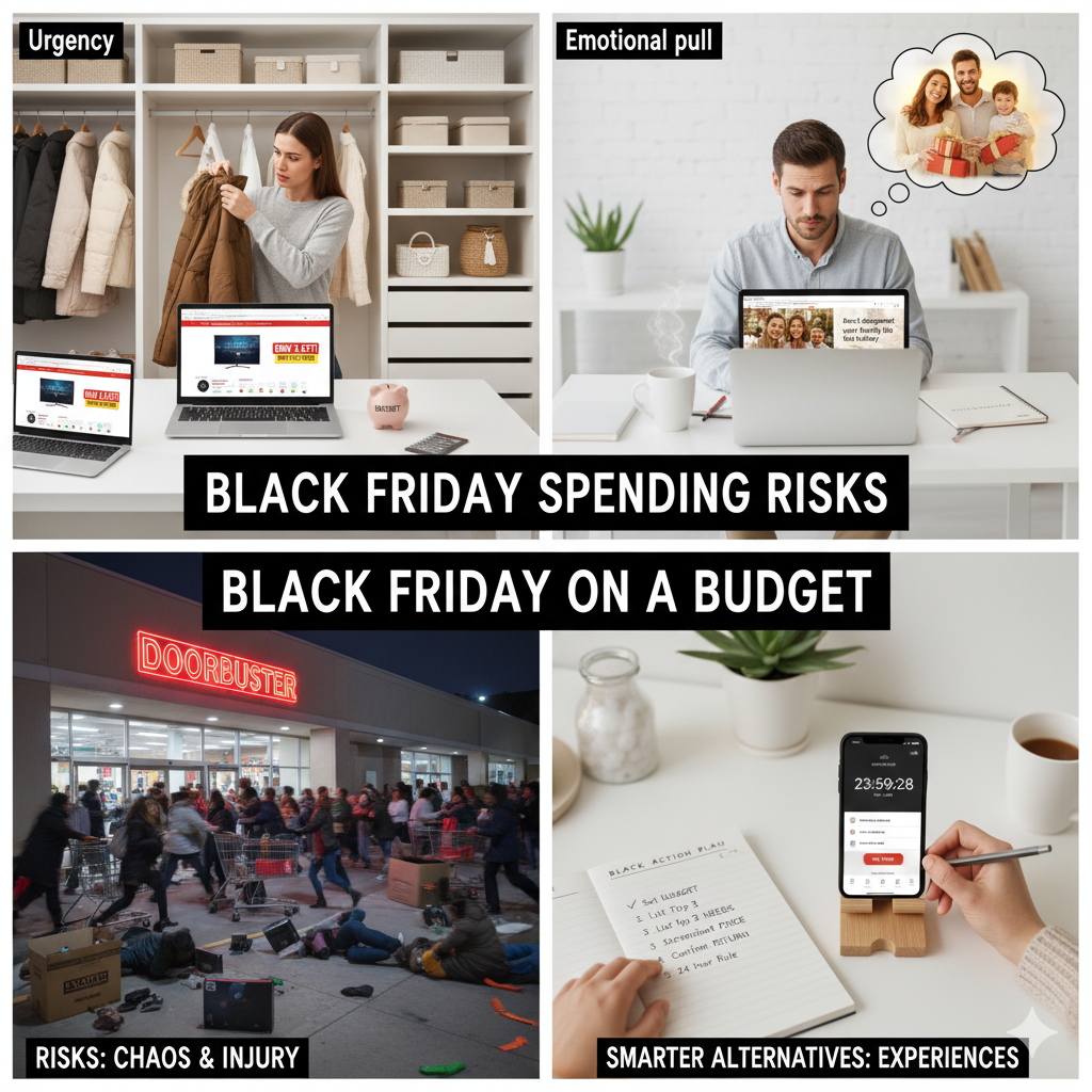 Infographic showing Black Friday spending risks and smart budget strategies