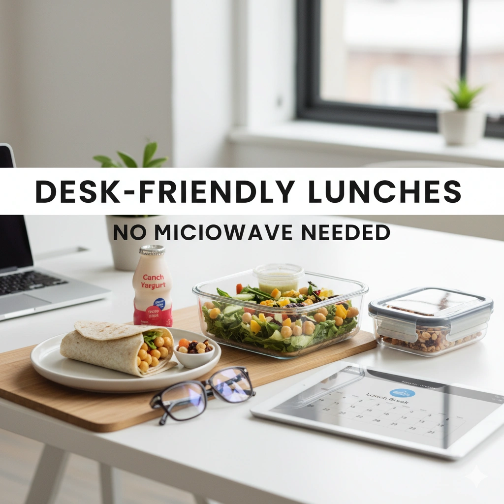 Desk-friendly lunches for busy professionals with salad and wrap — simple meal prep ideas that require no microwave and keep your workweek meal plan on track.