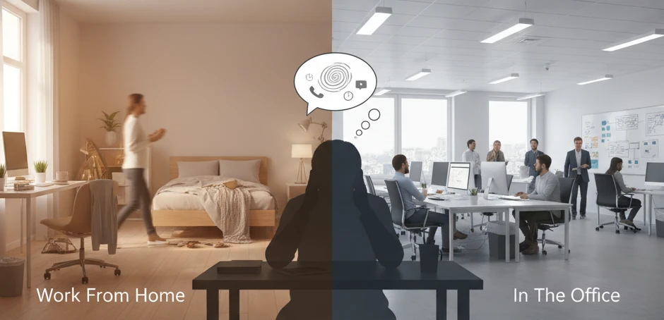 hybrid work distractions at home and in the office side by side
