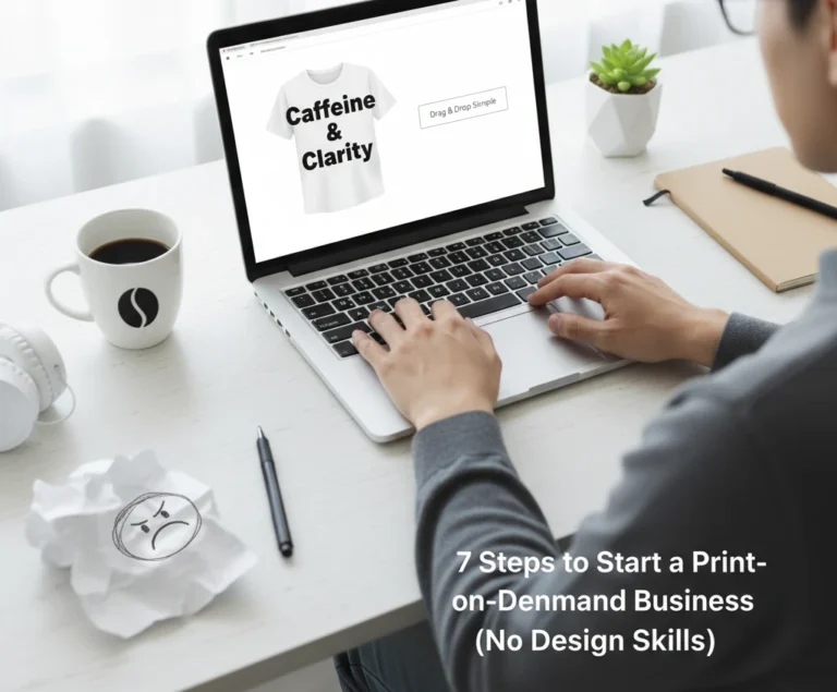 Person designing a T-shirt with the phrase “Caffeine & Clarity” on a laptop, symbolizing how to start a print on demand business with no design skills.