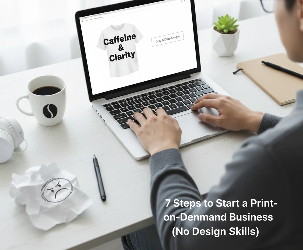 Person designing a T-shirt with the phrase “Caffeine & Clarity” on a laptop, symbolizing how to start a print on demand business with no design skills.