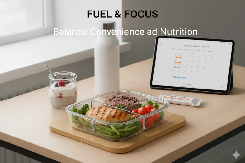 Balanced lunch with protein, grains, and veggies for focused workdays — a simple meal prep idea for busy professionals seeking quick healthy meals.