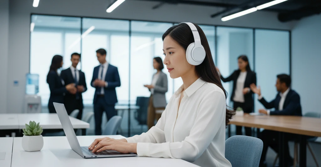 focus in hybrid work at the office using noise canceling headphones
