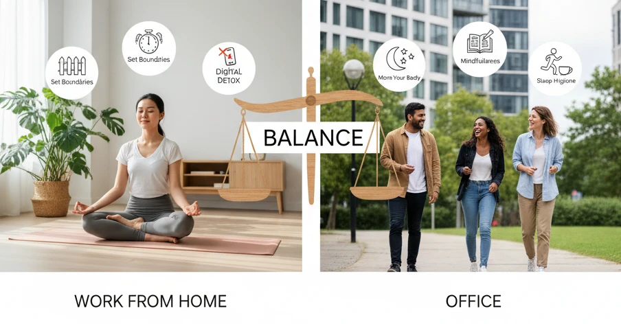 hybrid work productivity and lifestyle balance between wellness and collaboration