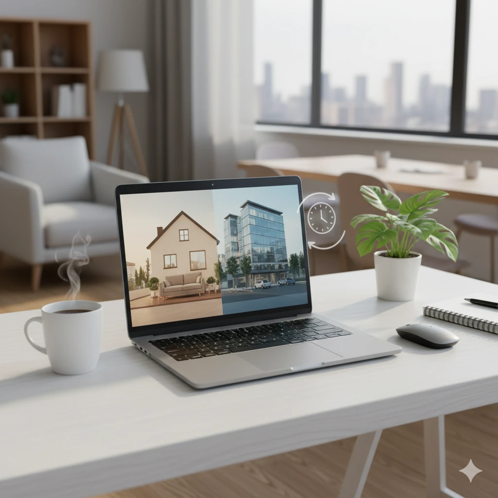 hybrid work productivity illustrated with balanced remote and office setup