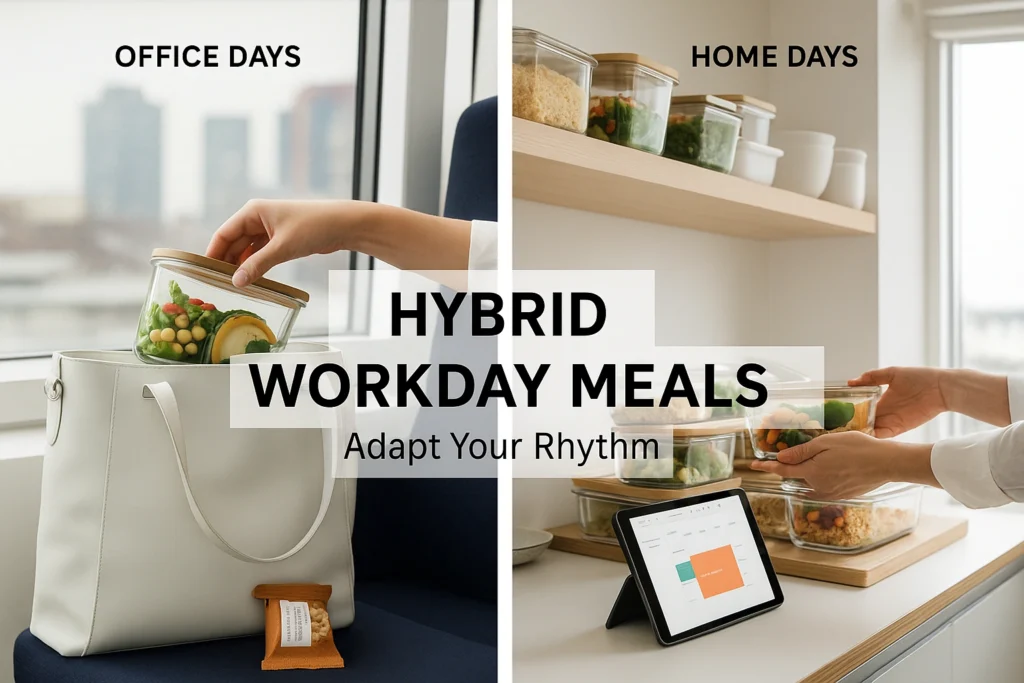 Hybrid workday meal prep showing commuter snacks and home lunches — flexible workweek meal plan ideas for busy professionals.