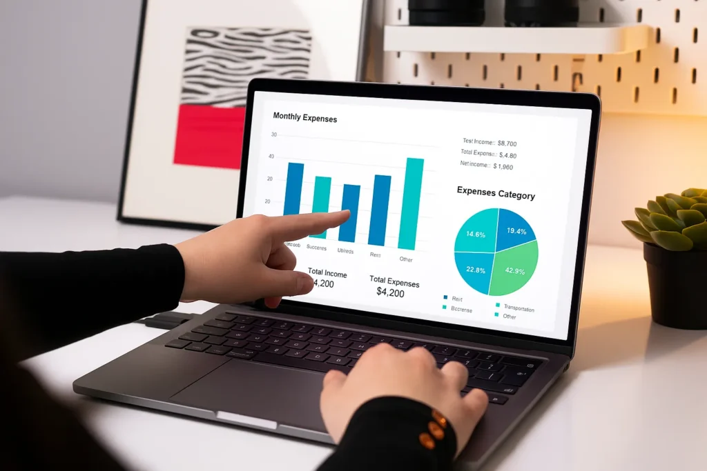 How to track expenses effectively – laptop screen showing monthly expenses bar chart and spending category pie chart