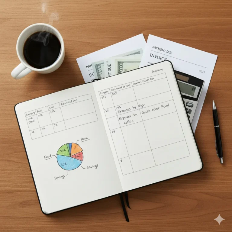 Personal finance 101 budgeting basics – notebook with pie chart and coffee on wooden desk