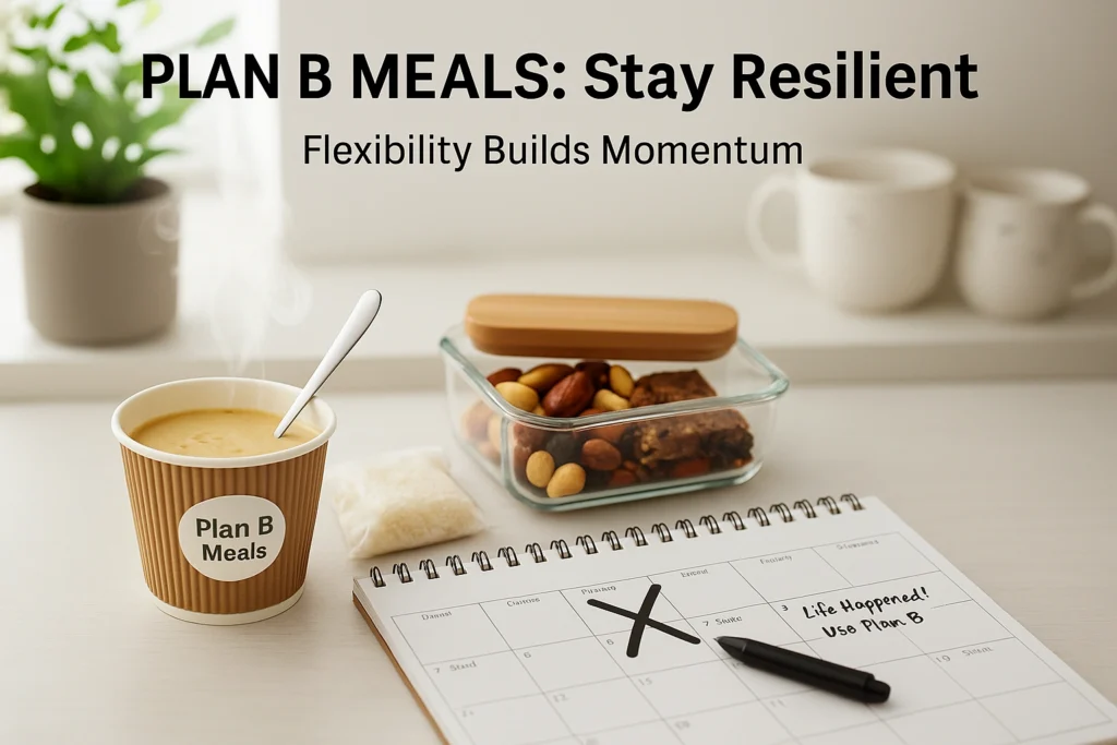 Plan B meals setup for busy professionals with soup, snacks, and planner on desk — flexible workweek meal plan that supports simple meal prep and resilience.