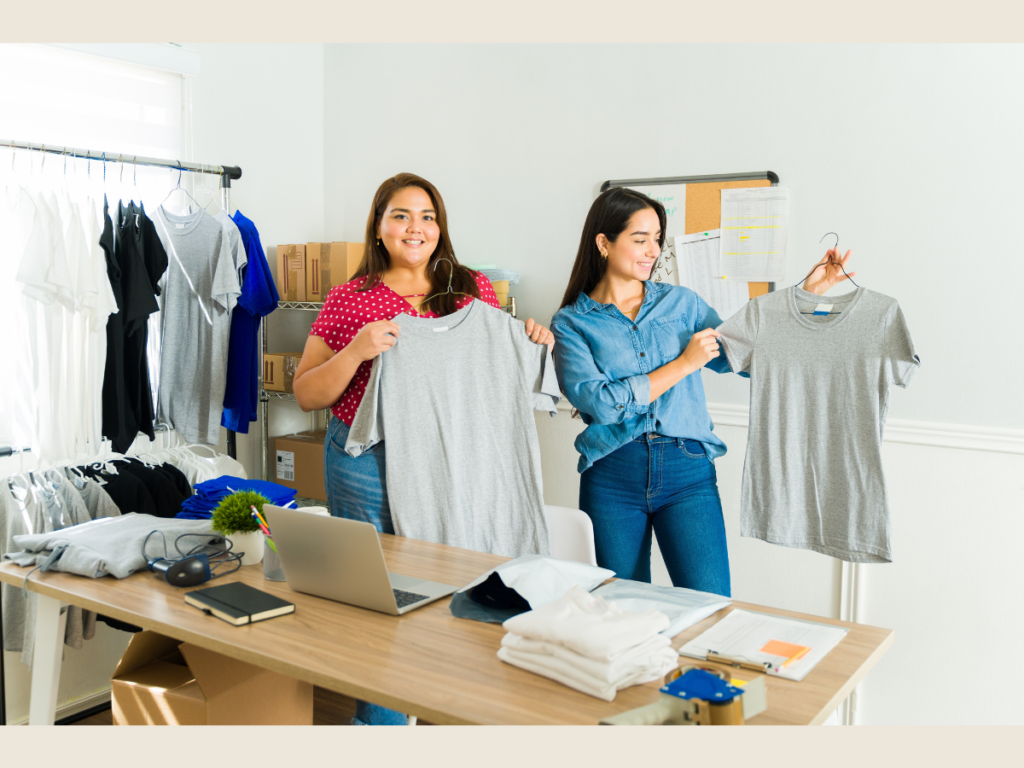 Two creators running a print-on-demand side hustle with custom T-shirts