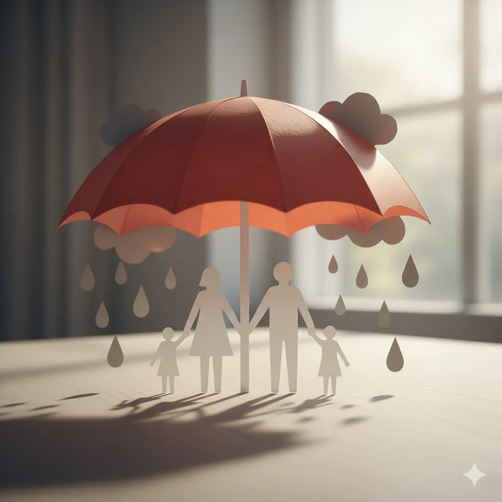 Protect your finances – paper family under red umbrella symbolizing insurance and security