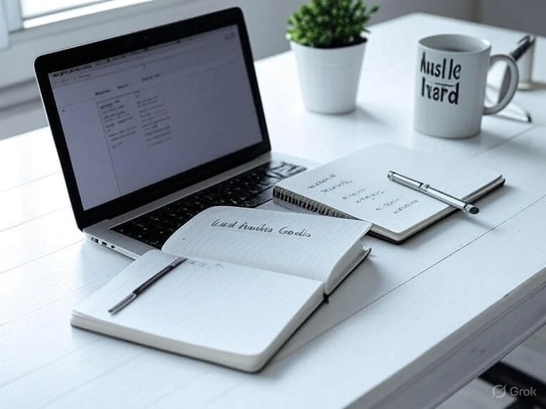 Side hustle income planning with laptop, notebook, and coffee on wooden desk