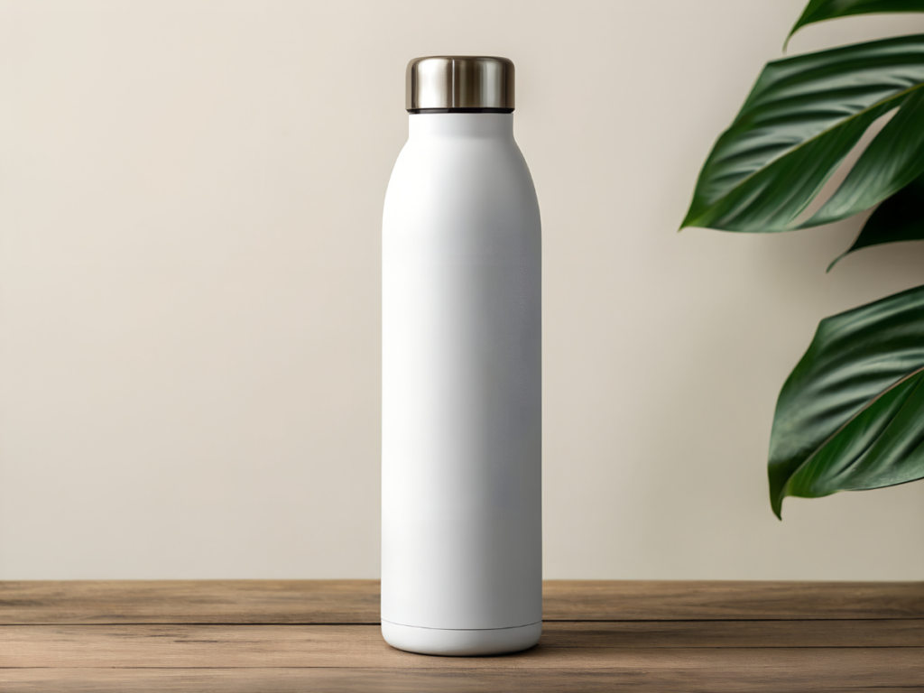reusable stainless steel water bottle on wooden table representing minimalism and saving money habits