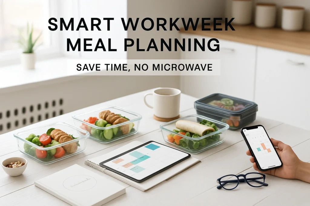 Smart workweek meal planning setup with containers, digital planner, and smartphone — showing how simple meal prep helps busy professionals save time.