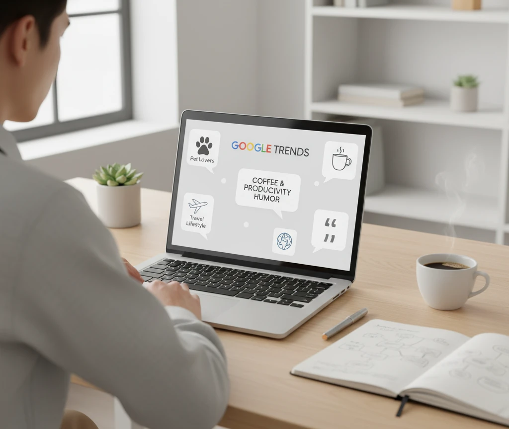 Entrepreneur researching Google Trends to choose a profitable print on demand niche such as coffee quotes, travel lifestyle, or pet lovers.