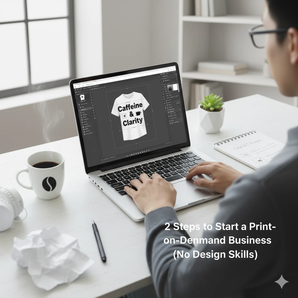 Beginner using Canva to create a T-shirt design that says “Caffeine & Clarity,” showing that you can build a print on demand business with no design skills.