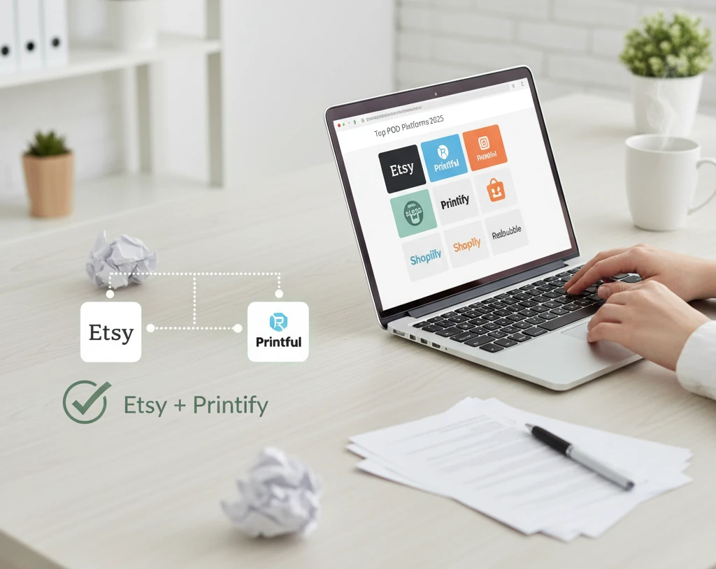 Laptop screen showing top POD platforms like Etsy, Printful, Printify, Shopify, and Redbubble for print on demand business beginners.