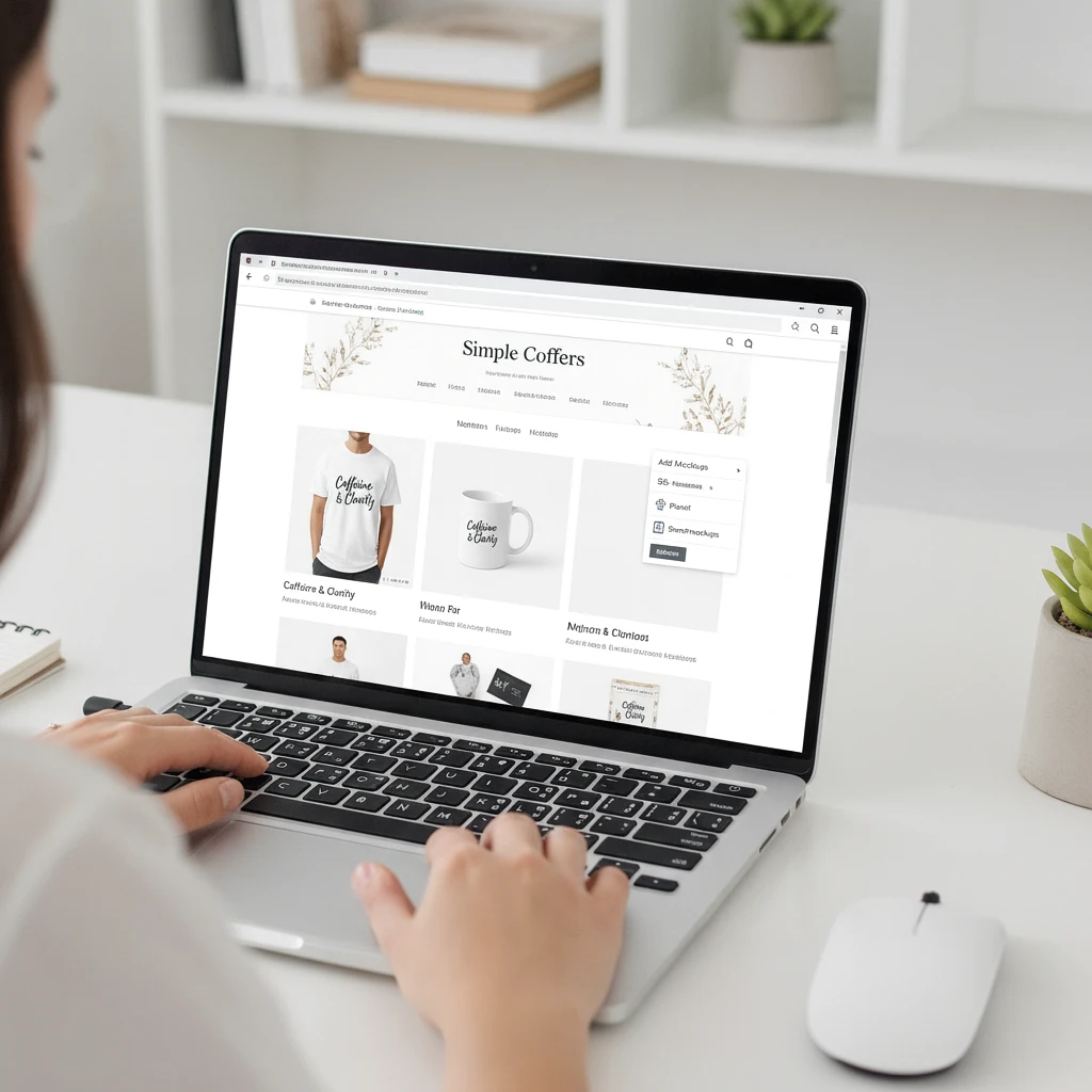 Entrepreneur building an online storefront for a print on demand business, displaying shirts and mugs under the Simple Coffers brand.