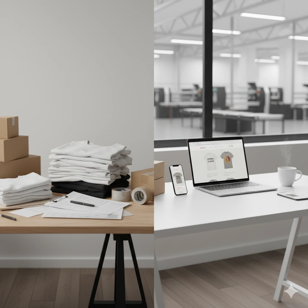 Workspace with printed T-shirts, packaging materials, and a laptop store — showing how to scale a print on demand business efficiently.