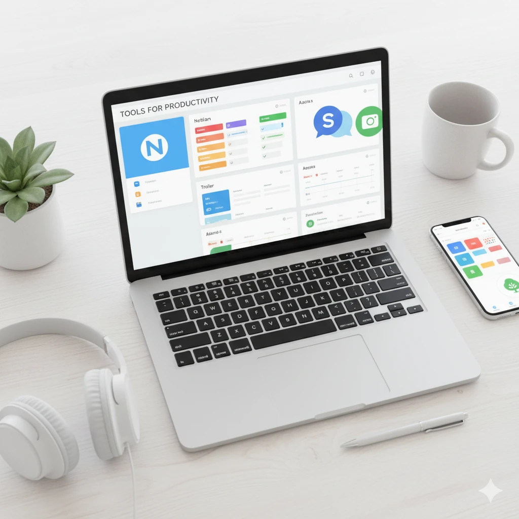 tools for hybrid workers displayed on laptop and phone