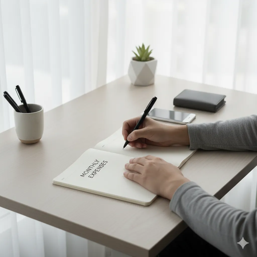 Money habits for beginners – person writing monthly expenses in budget notebook