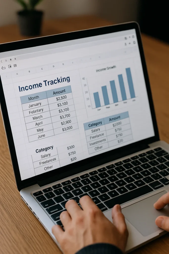 Tracking side hustle income growth with spreadsheet and charts on laptop