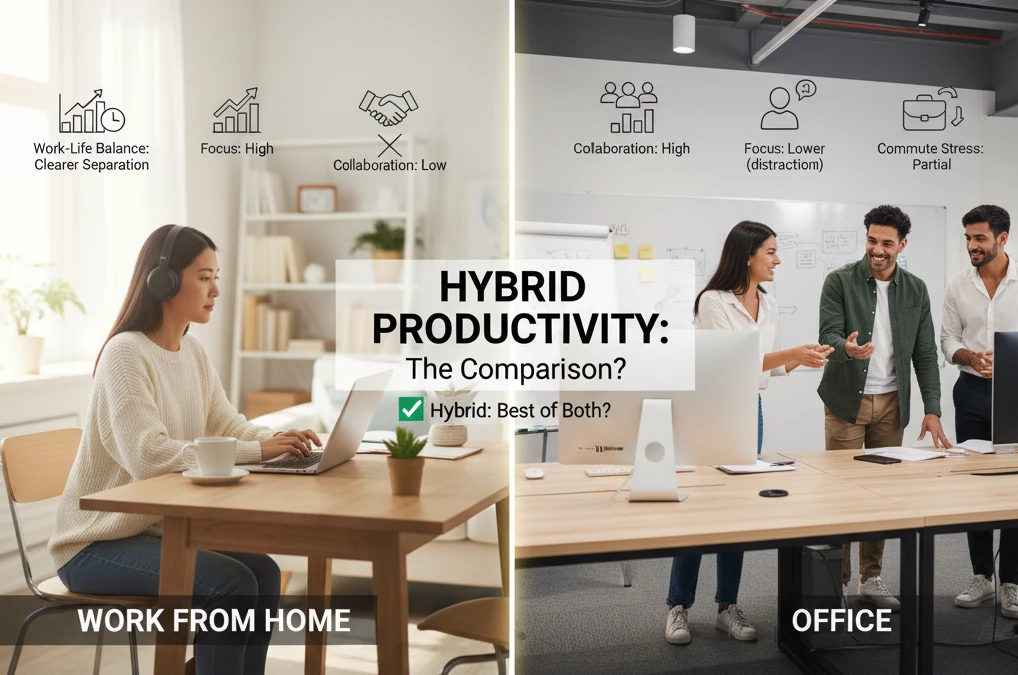 work from home vs office productivity comparison in a hybrid model