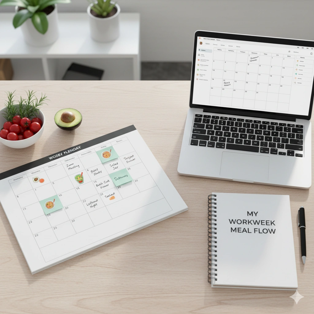 Workweek meal plan calendar on office desk with laptop and notebook — efficient meal planning for busy professionals who value organization and time-saving habits.