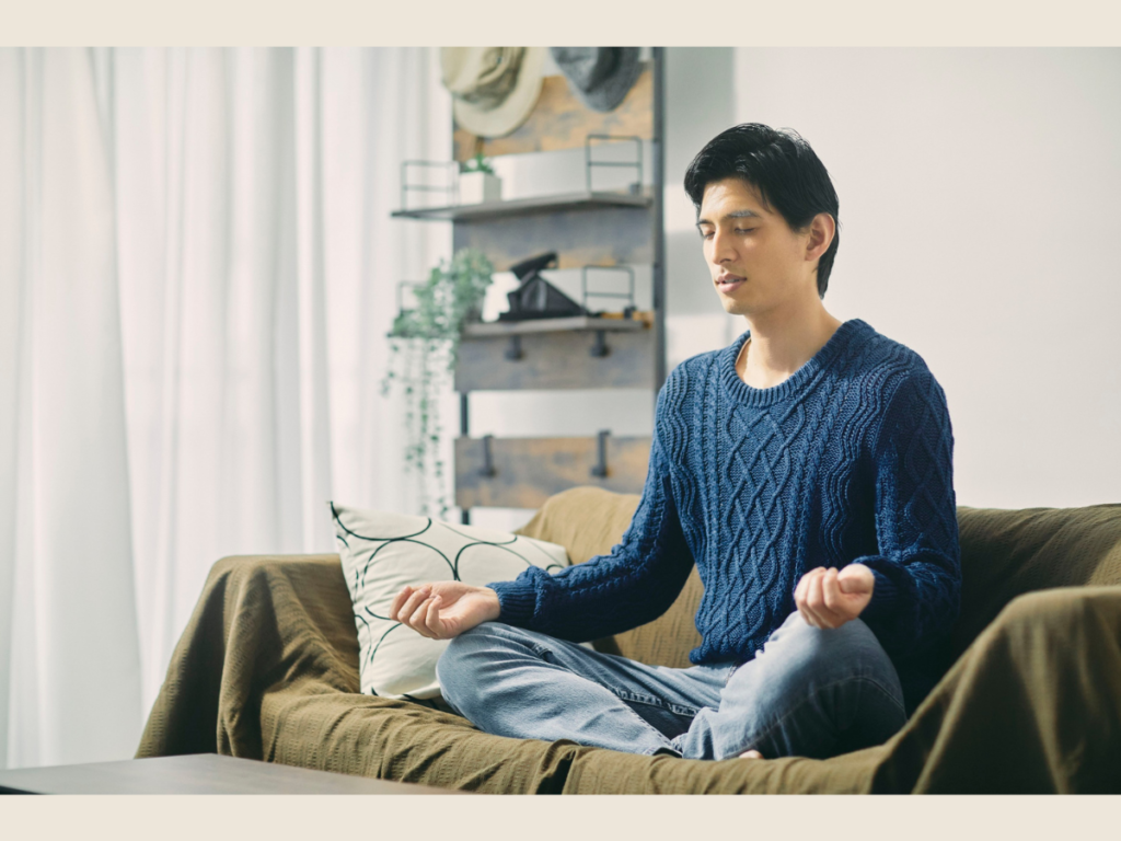 Calm meditation corner with morning sunlight for mental declutter and inner stillness