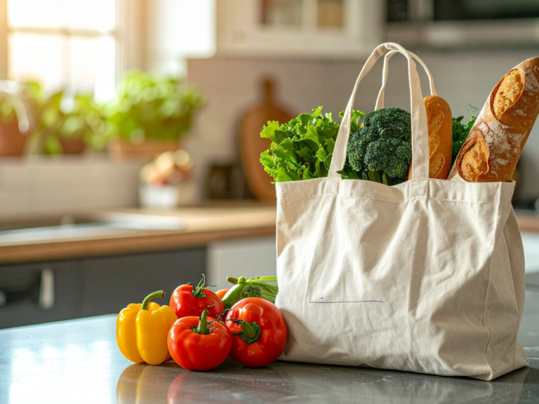 Minimalist grocery challenge feature image showing a single tote bag with simple groceries on a clean kitchen counter.