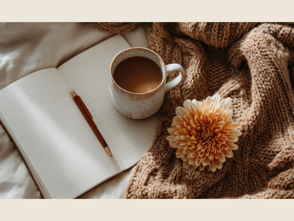 Time minimalism morning moment with coffee, notebook, and blanket on a cozy bed