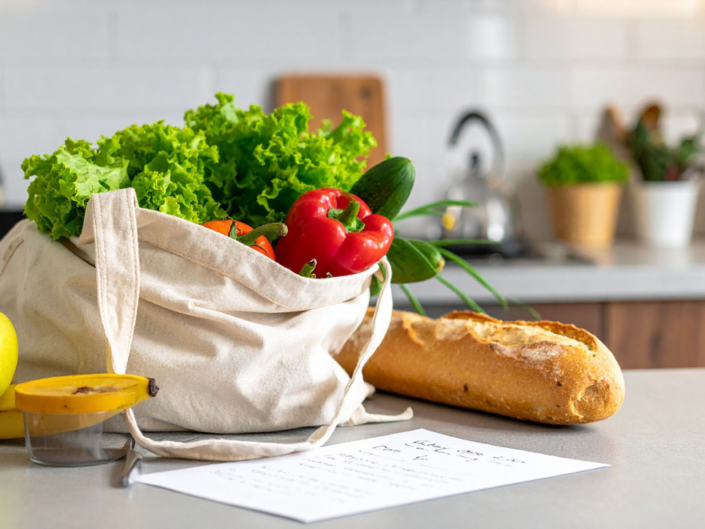 Unpacking essential groceries from a single tote bag in a bright minimalist kitchen.